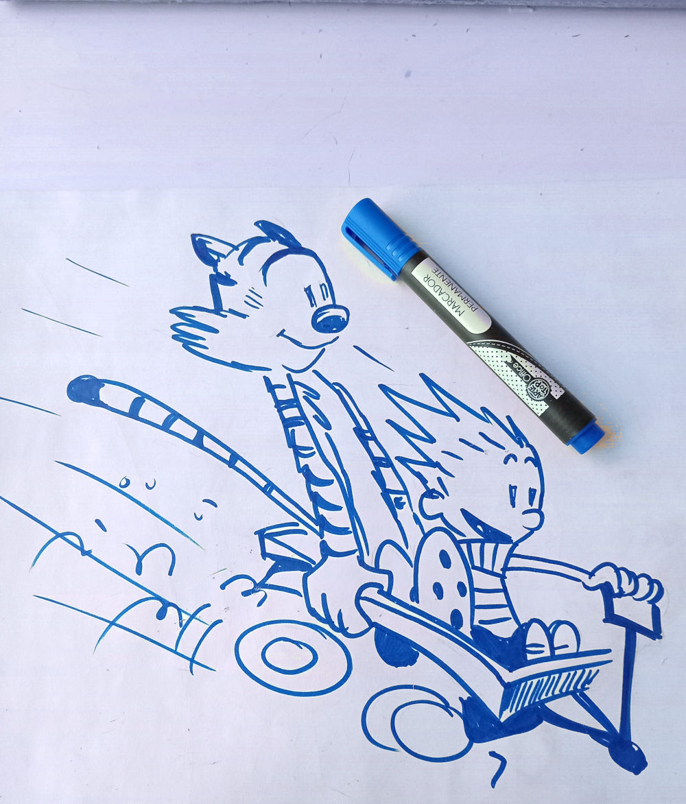Dibujo de Calvin & Hobbes a plumón azul escolar